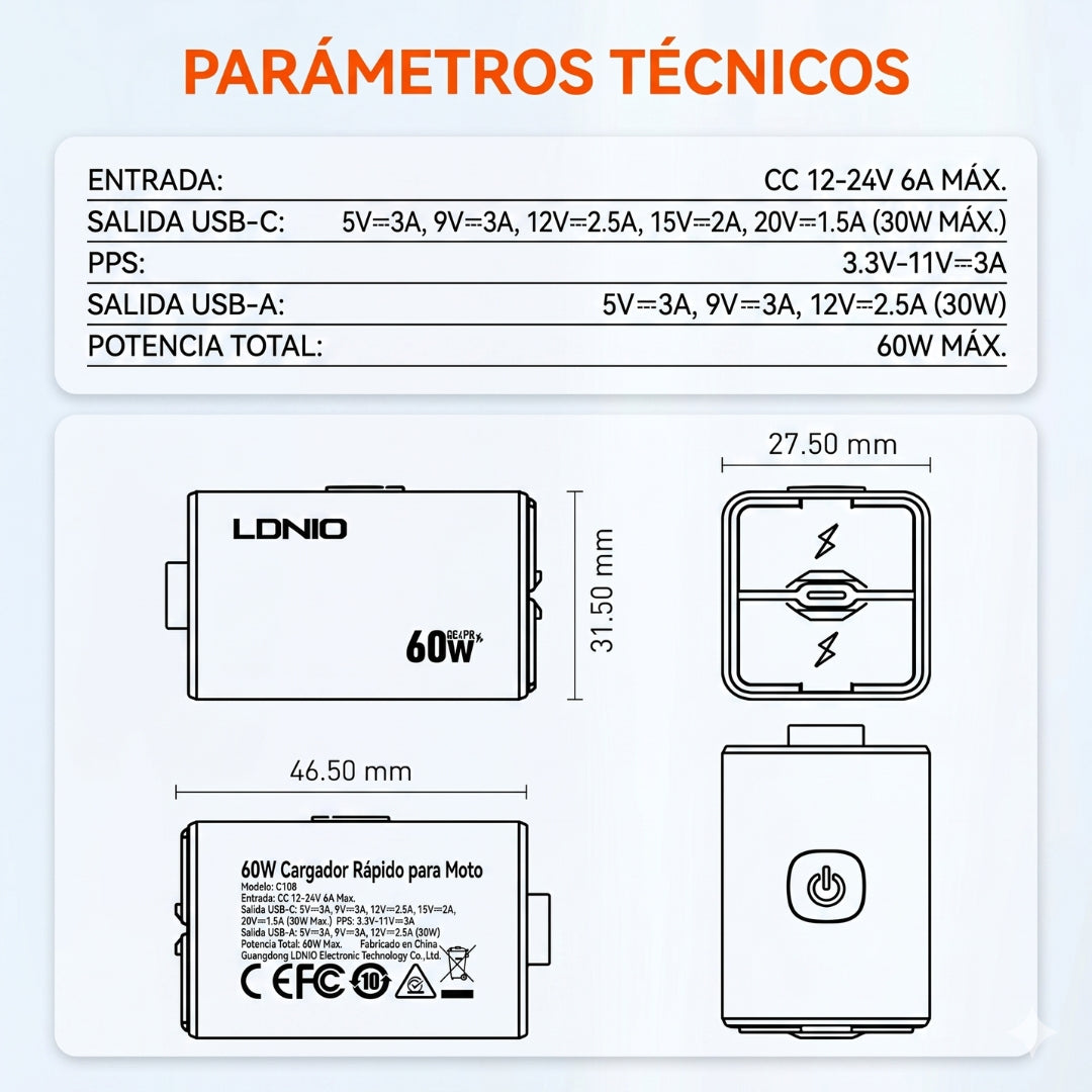Cargador USB Rápido 60W PD3.0 QC3.0 Tipo-C Para Motocicleta