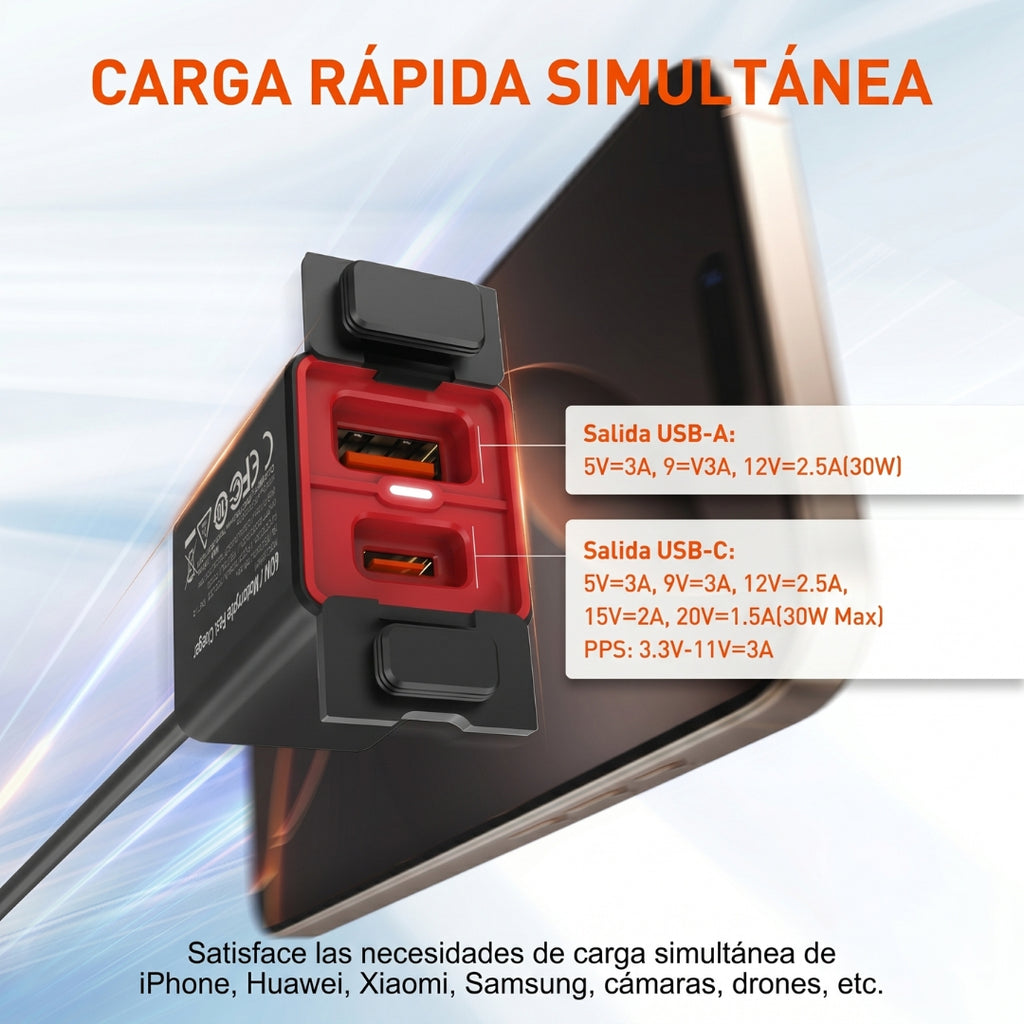 Cargador USB Rápido 60W PD3.0 QC3.0 Tipo-C Para Motocicleta